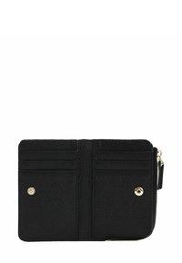 Portefeuille en cuir noir à finition texturée, comportant plusieurs emplacements pour cartes, une poche zippée et des accents de quincaillerie dorée. Design compact et fonctionnel.