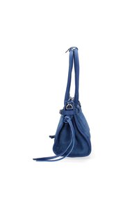 Borsa in suede blu con manici in pelle, chiusura con zip e design arrotondato. Presenta una texture sottile e dettagli della tracolla regolabile.