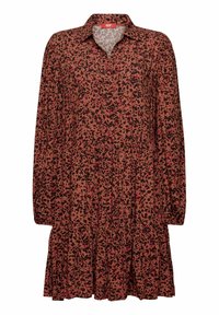 Robe marron à imprimé léopard noir et rouge, à manches longues, col en bouton, design à volants et coupe ample.