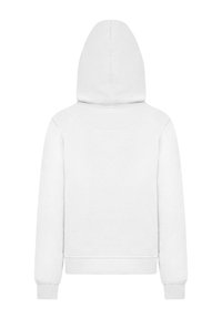 Hvit hettegenser med snøring, ribbede mansjetter og kant, glatt tekstur og minimalistisk design. Ingen synlige logoer eller mønstre.