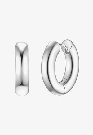 Sidabriniai auskarai su poliruotu paviršiumi, apvalia forma ir užsegimu su vyriu. Vienas auskaras parodytas uždarytas, kitas - atidarytas.