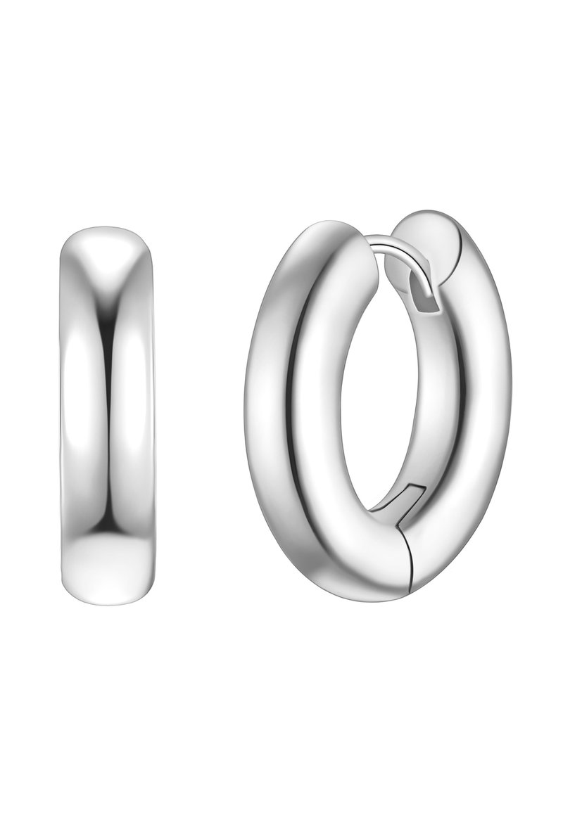 Srebrne obročeve uhane z polirano površino, zaobljeno obliko in zasnovo s tečajem. En uhan je prikazan zaprt, drugi odprt.