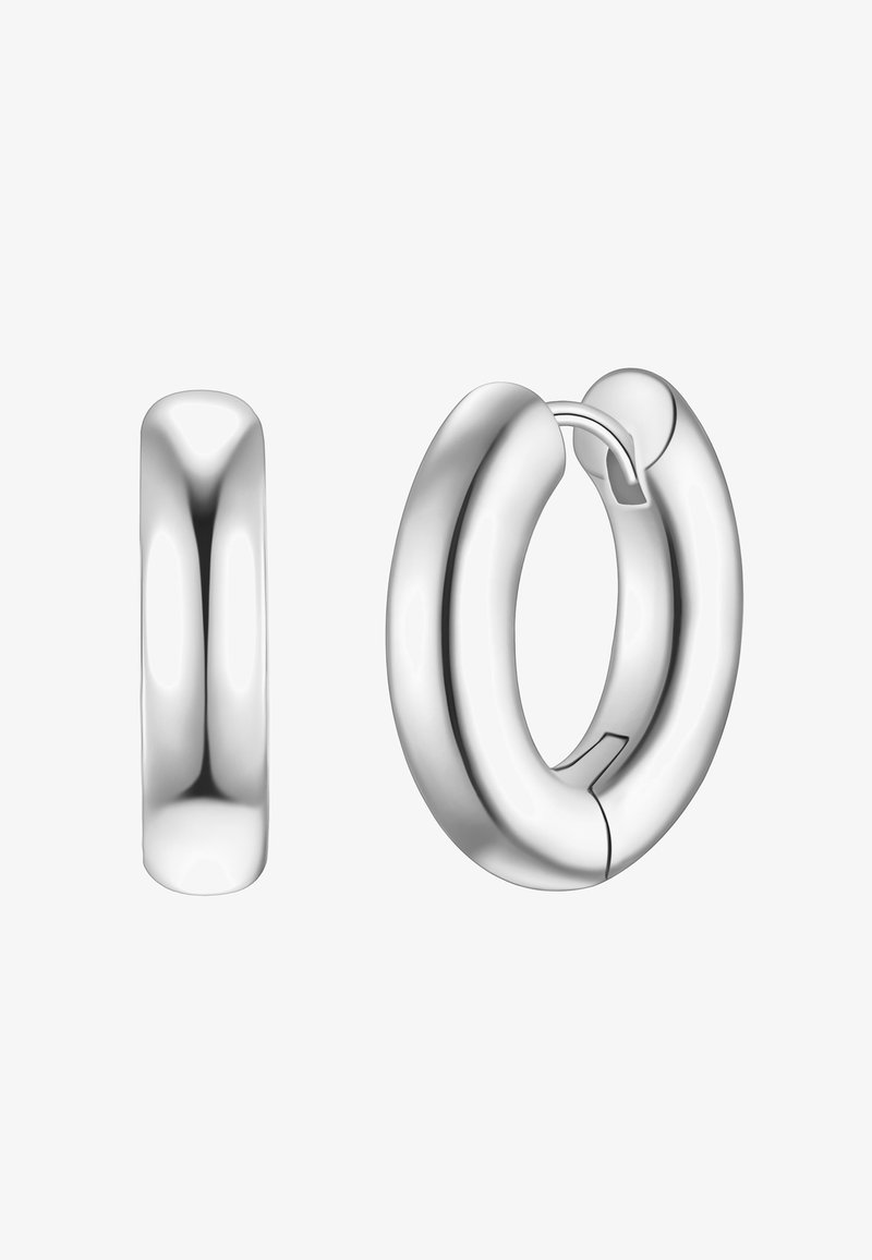 Srebrne obročeve uhane z polirano površino, zaobljeno obliko in zasnovo s tečajem. En uhan je prikazan zaprt, drugi odprt.
