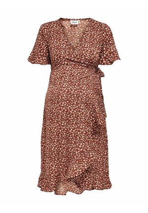 Braunes Wickelkleid mit kleinem weißen Blumenmuster, kurzen flatternden Ärmeln, Taillenbindung und Rüschen am Saum.