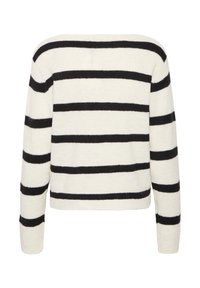 Striped sweater with a cream base and bold black stripes. Features long sleeves and a cropped design with a soft, textured finish.
