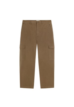 Pantalones cargo marrones de pierna recta con bolsillos laterales con solapa, bolsillos delanteros inclinados, trabillas para cinturón y cierre de botón en la cintura.