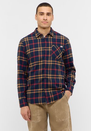 Marineblaues und sandfarbenes kariertes Flanellhemd mit einem Button-Down-Kragen, Brusttasche und langen Ärmeln. Strukturierter Stoff mit lockerem Schnitt.
