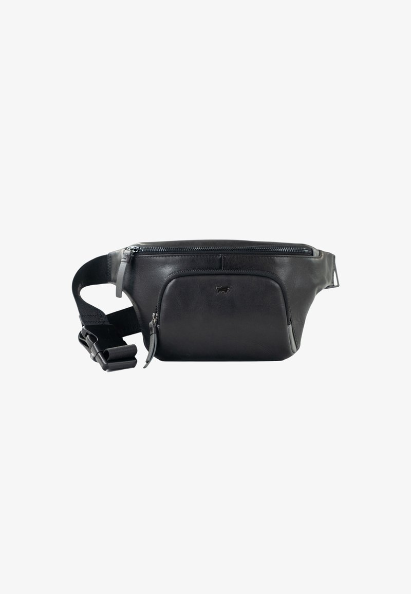 Borse a vita nera in pelle con un compartimento principale con zip, tasca frontale con zip, tracolla regolabile e design minimalista.
