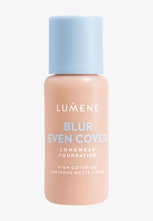 Flacon de fond de teint Lumene Blur Even Cover longue tenue avec bouchon bleu clair, haute couvrance, fini mat lumineux, teinte beige.