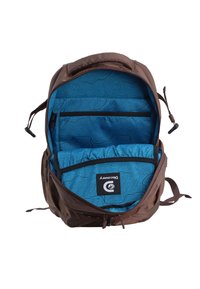 Brown backpack with a blue interior featuring a topographic pattern, multiple zippered compartments, and adjustable straps.