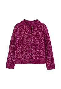 Magenta gestrickte Strickjacke mit rundem Halsauschnitt, sieben braunen Knöpfen auf der Vorderseite und strukturiertem Rippstrick an den Bündchen und dem Saum.