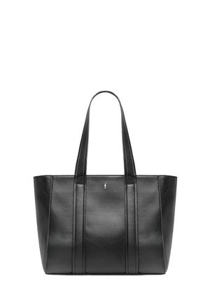 Czarna skórzana torba typu tote z dwoma długimi uchwytami, pionowymi przeszyciami i małym subtelnym logo na środku przedniej części.