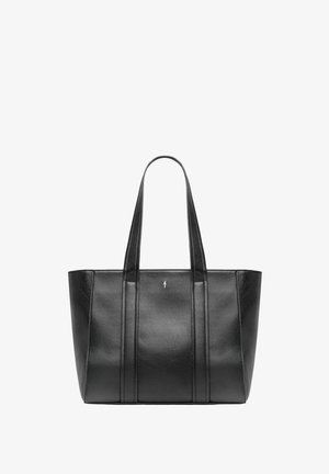 Czarna skórzana torba typu tote z dwoma długimi uchwytami, pionowymi przeszyciami i małym subtelnym logo na środku przedniej części.