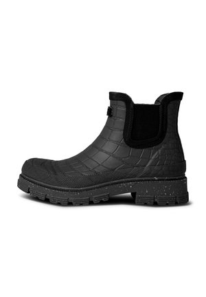 Black ankle boots with a textured crocodile pattern, elastic side panels, and a sturdy, treaded sole. The design features a glossy finish.