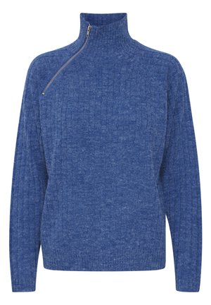 Niebieski sweter w prążki z wysokim kołnierzem i częściowym zapięciem na zamek. Wykonany z teksturowanej tkaniny, z długimi rękawami i luźnym krojem.