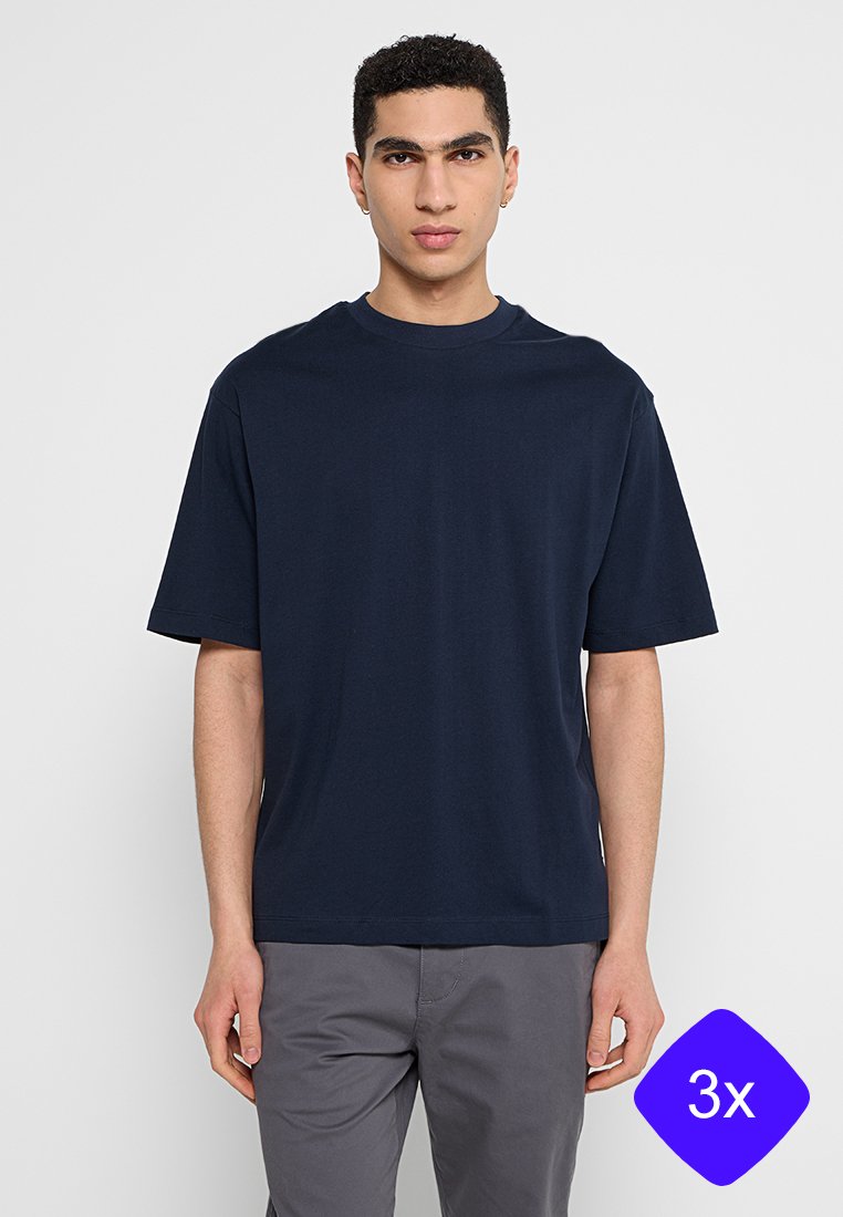 Dunkelblaue Baumwoll-T-Shirt mit Rundhalsausschnitt, kurzen Ärmeln und lockerer Passform. Auffällig für seine glatte Textur und das schlichte Design.