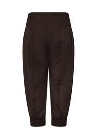 Pantalon court noir avec taille et bas élastiqués froncés, en tissu lisse, vu de dos.