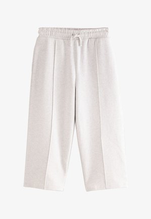 Jasnoszare bawełniane spodnie dresowe z elastyczną talią, sznurkiem, bocznymi kieszeniami i luźnym krojem.