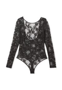 Bodysuit en dentelle noire avec des manches longues, ornée de motifs floraux, dotée d'un décolleté plongeant et d'un corsage ajusté, conçu pour un ajustement près du corps.