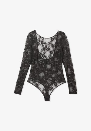 Bodysuit en dentelle noire avec des manches longues, ornée de motifs floraux, dotée d'un décolleté plongeant et d'un corsage ajusté, conçu pour un ajustement près du corps.
