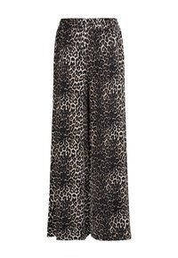 Leopardprint wijde-pijpenbroek gemaakt van een lichtgewicht stof met een elastische tailleband. Zwart en beige kleurenschema, met een gladde textuur.