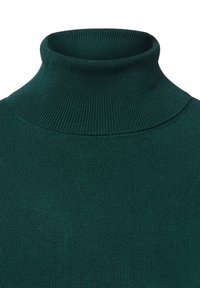 Dunkelgrüner Rollkragenpullover mit gerippter Textur, der eine enganliegende Passform und einen hohen, snug Kragen aufweist. Keine Muster oder Verzierungen.