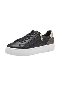 Sneaker in pelle nera con un pannello laterale testurizzato nero, suola bianca e lacci neri. Presenta una zip e un accento in tonalità oro vicino al tallone.
