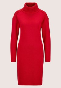 Rotes Strickkleid mit hohem, geripptem Kragen und Schulterakzenten. Lange Ärmel und eine taillierte Passform, hergestellt aus einem weichen, strukturierten Stoff.