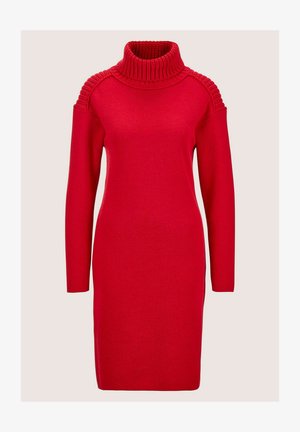 Red knit dress with a high, ribbed collar and shoulder accent details. Long sleeves and a fitted design, made from a soft, textured fabric.