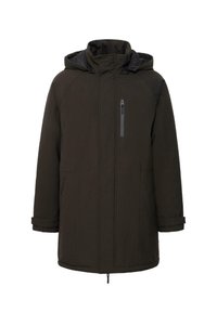 Mørkegrønn hetteparkas med frontlomme med glidelås, to sidelommer og en teksturert overflate med justerbare mansjetter.