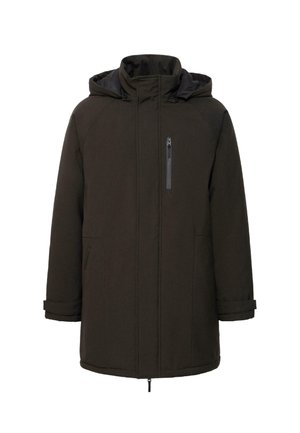 Donker groene gewatteerde parka jas, met een voorste ritszak, twee zijzakken en een gestructureerde afwerking met verstelbare manchetten.