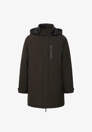 Parka giacca con cappuccio di un verde scuro, dotata di una tasca frontale con zip, due tasche laterali e una finitura testurizzata con polsini regolabili.