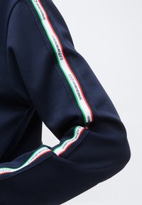 Manche bleu marine avec une bande tricolore (vert, blanc, rouge) comportant des logos EA7 Emporio Armani répétés le long du bras.