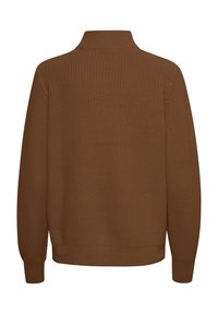 Pull marron tricoté à manches longues avec un col montant côtelé, vu de dos.