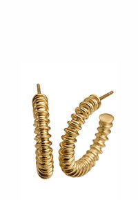 Los aretes de aro en tono dorado presentan un diseño en espiral con una serie de anillos redondeados entrelazados, creando una apariencia texturizada y dimensional.