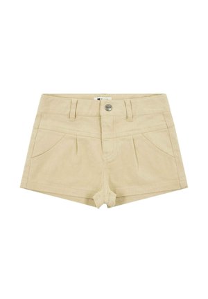 Pantalones cortos de algodón beige con cintura ajustada, bolsillos delanteros y cierre de botón único. Presentan una textura suave y un diseño cuidado.
