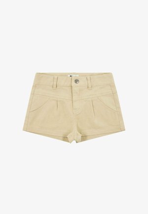 Beżowe bawełniane szorty z dopasowaną talią, przednimi kieszeniami i pojedynczym zapięciem na guzik. Charakteryzują się gładką teksturą i dopasowanym krojem.