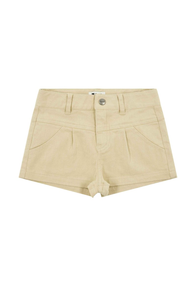 Pantalones cortos de algodón beige con cintura ajustada, bolsillos delanteros y cierre de botón único. Presentan una textura suave y un diseño cuidado.