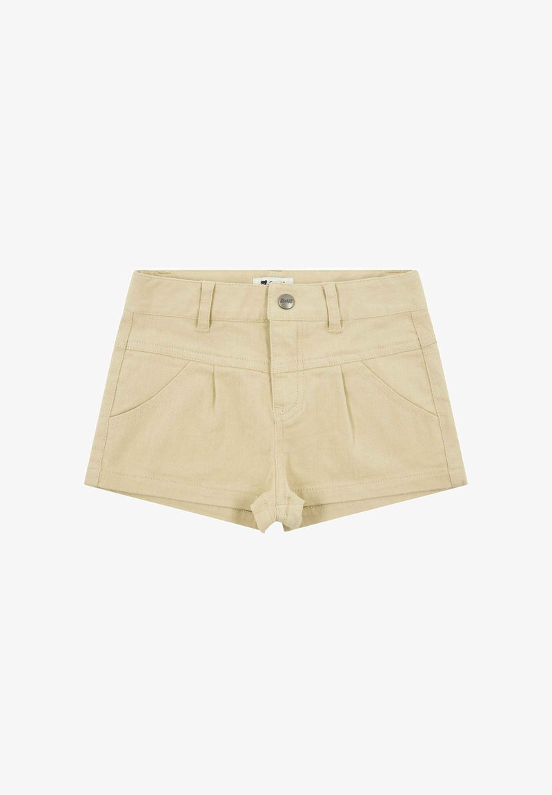 Pantalones cortos de algodón beige con cintura ajustada, bolsillos delanteros y cierre de botón único. Presentan una textura suave y un diseño cuidado.