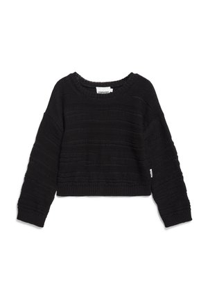 Pull court noir avec un design en tricot texturé. Doté d'un large col rond et de manches longues. Étiquette sur le côté.