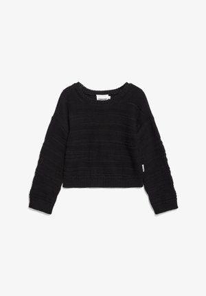 Schwarzer, kurzer Pullover mit strukturiertem Strickdesign. Verfügt über einen weiten Rundhalsausschnitt und lange Ärmel. Etikett an der Seite.