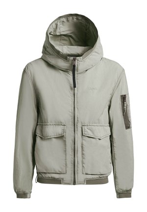 Giacca grigia chiaro con cappuccio, cerniera frontale, due tasche con patta, una tasca con cerniera sulla manica e polsini e orlo a coste.