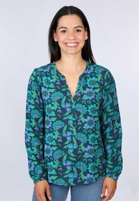 Blumenhemd mit Knopfverschluss auf navyfarbenem Hintergrund, ausgestattet mit grünen und blauen Blumen, langen Ärmeln und einem V-Ausschnitt. Glatte Stofftextur.