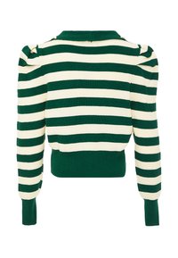Maglione a righe verde e crema con colletto a giro, texture a coste e maniche puff con dettagli a bottone sulle spalle.