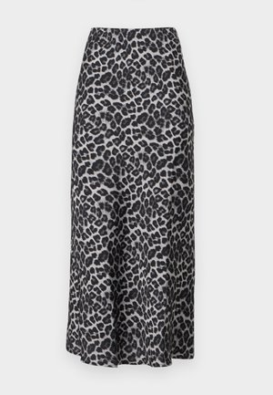 Maxiskjørt i leopardmønster laget av et glatt, lett stoff. Har elastisk talje og en luftig silhuett som går ned til anklene.