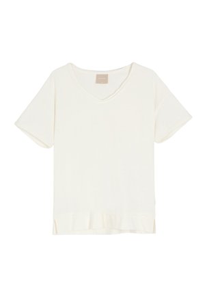 Koszulka z krótkim rękawem i dekoltem w serek w kolorze off-white. Charakteryzuje się lekko luźnym krojem oraz dolnym wykończeniem z bocznymi rozcięciami.
