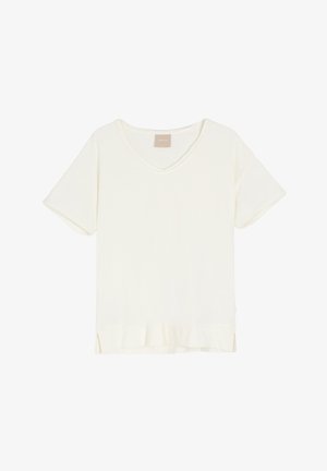 Koszulka z krótkim rękawem i dekoltem w serek w kolorze off-white. Charakteryzuje się lekko luźnym krojem oraz dolnym wykończeniem z bocznymi rozcięciami.