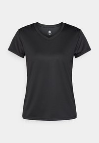 Melna īsroku V-veida kakla T-krekls, izgatavots no gludas, vieglas auduma. Raksturots ar ķermeņa līkni pielāgojošu piegriezumu un minimālām šūšanas detaļām.