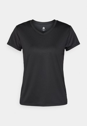 Melna īsroku V-veida kakla T-krekls, izgatavots no gludas, vieglas auduma. Raksturots ar ķermeņa līkni pielāgojošu piegriezumu un minimālām šūšanas detaļām.