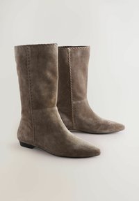 Brown suede ankle boots with pointed toes, vertical stitching detail, and low heels. Smooth texture and simple, streamlined design.